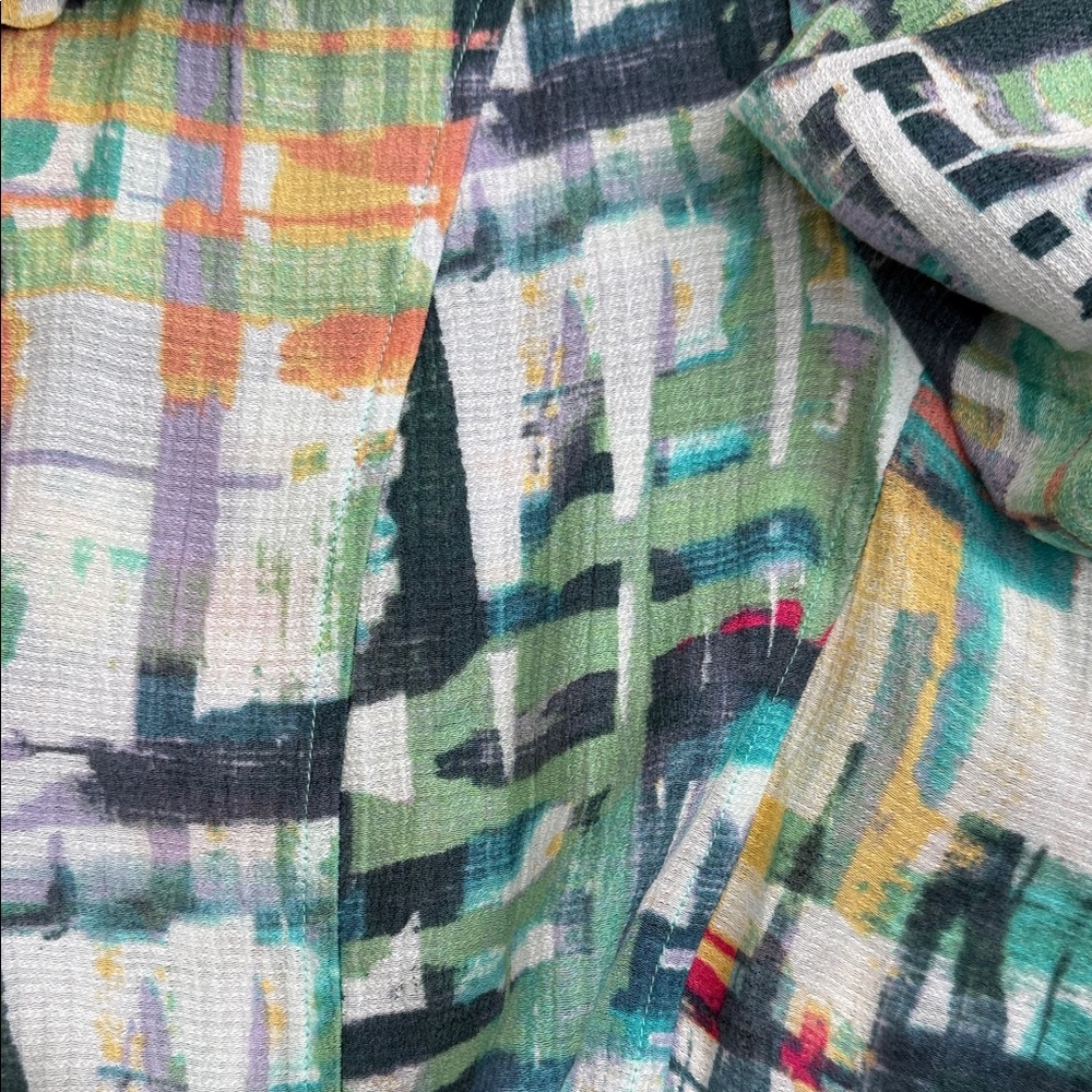 Ali Miles Colorful Abstract Print Blouse with fold sleeve & side slit pockets L - Picture 8 of 8